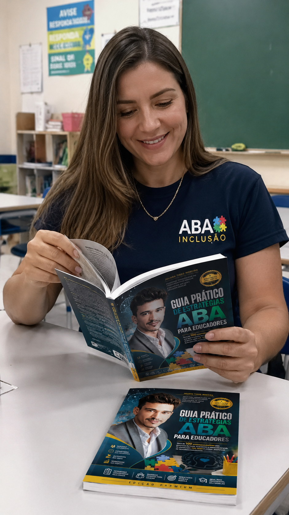 Professora folheando o Guia Prático de Estratégias ABA em sala de aula
